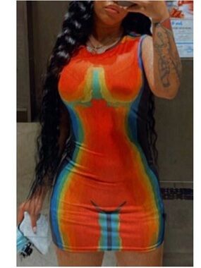 Women’s Multicolor Bodycon Mini Dress - Vibrant Rainbow Print